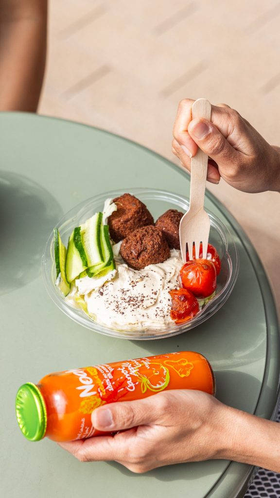 LifeGrain Moroccan Bowl with falafel, hummus cherry tomatoes and cucumber